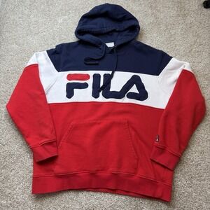 Fila Hoodie Mens XL Red White Blue Pullover Fleece Sweatshirt Colorblock Logo